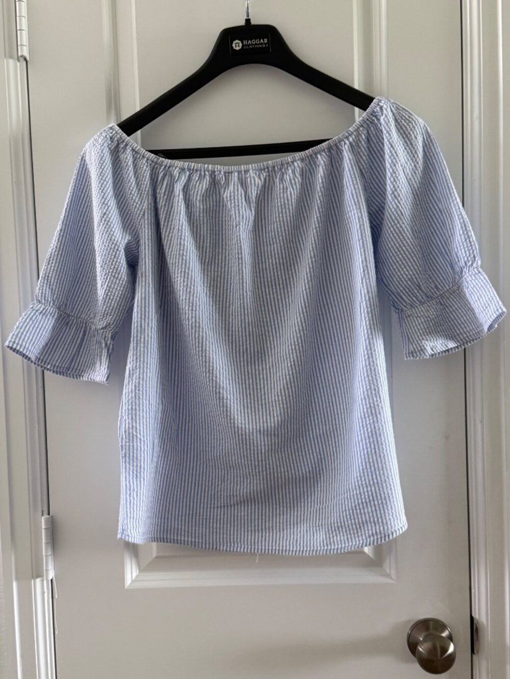 Blue & White Striped Off-Shoulder Top With Floral Embroidery Ruffle Sleeves SJS - Picture 3 of 8